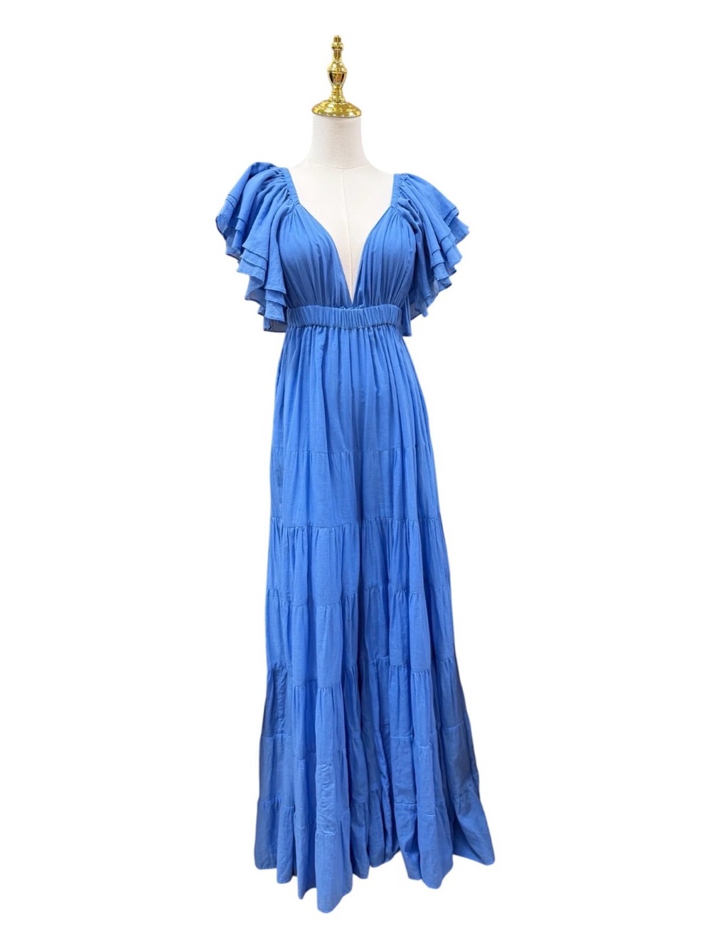 Deep V Ruffle Sleeve Blue Maxi Dress